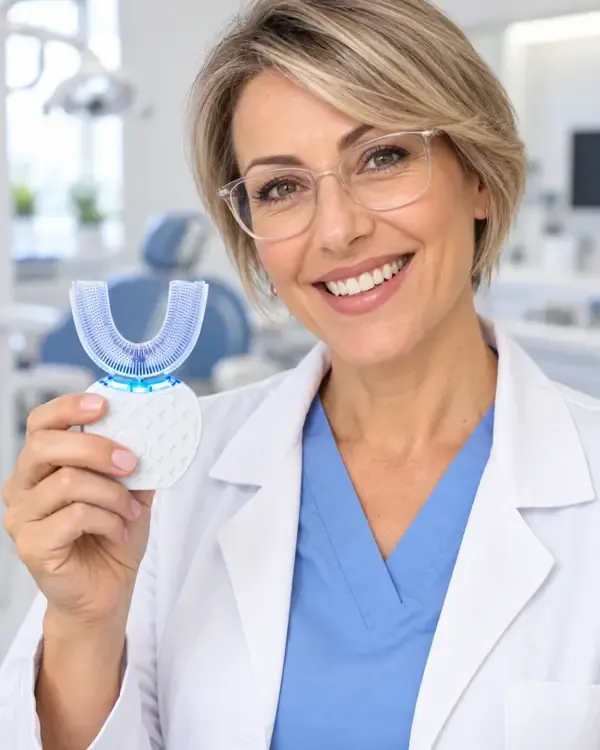 Igienista dentale che mostra lo spazzolino automatico a U