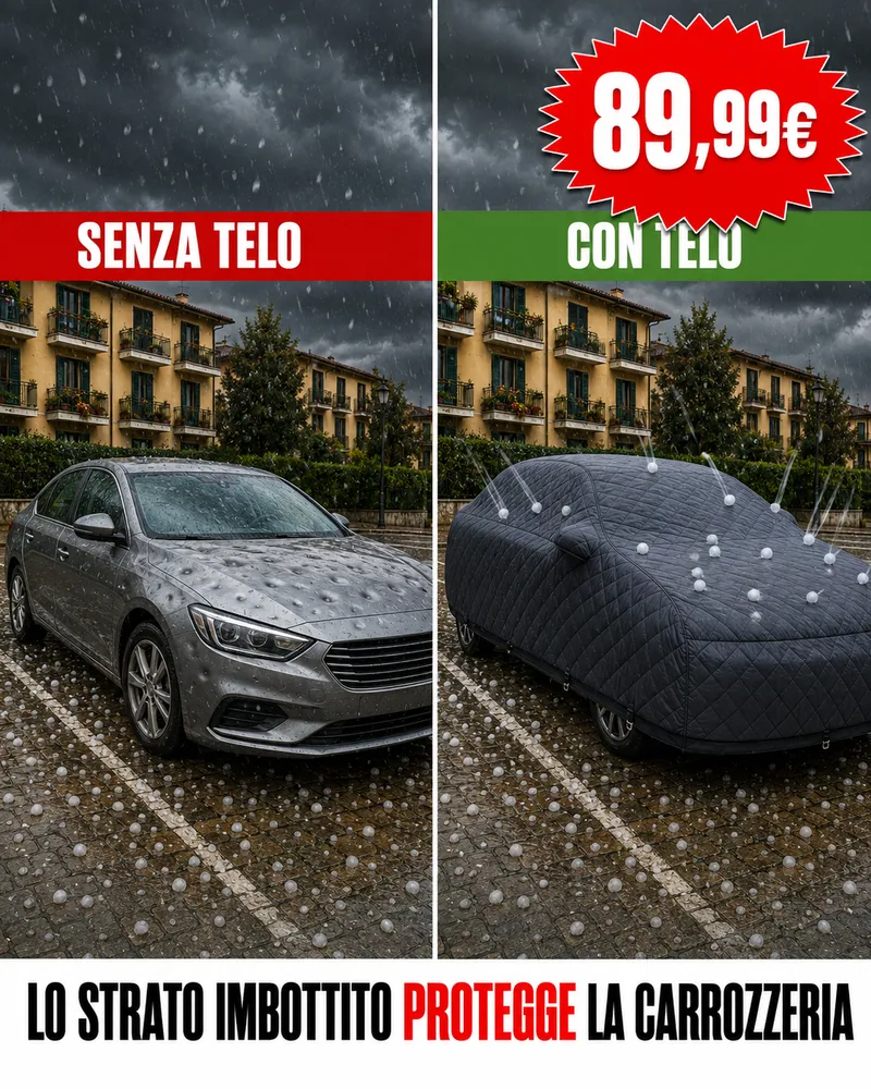 Confronto fra un'auto senza telo ammaccata dalla grandine e la stessa auto coperta dal telo imbottito