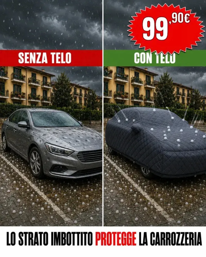 Confronto fra un'auto senza telo ammaccata dalla grandine e la stessa auto coperta dal telo imbottito