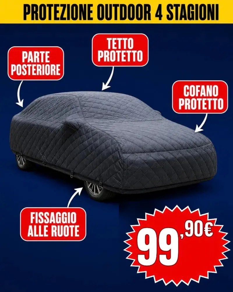 Le zone protette dal telo: cofano, tetto, parte posteriore e fissaggio alle ruote