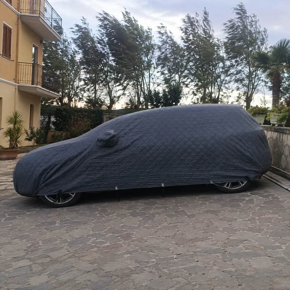 Auto coperta dal telo con gli alberi piegati dal vento sullo sfondo