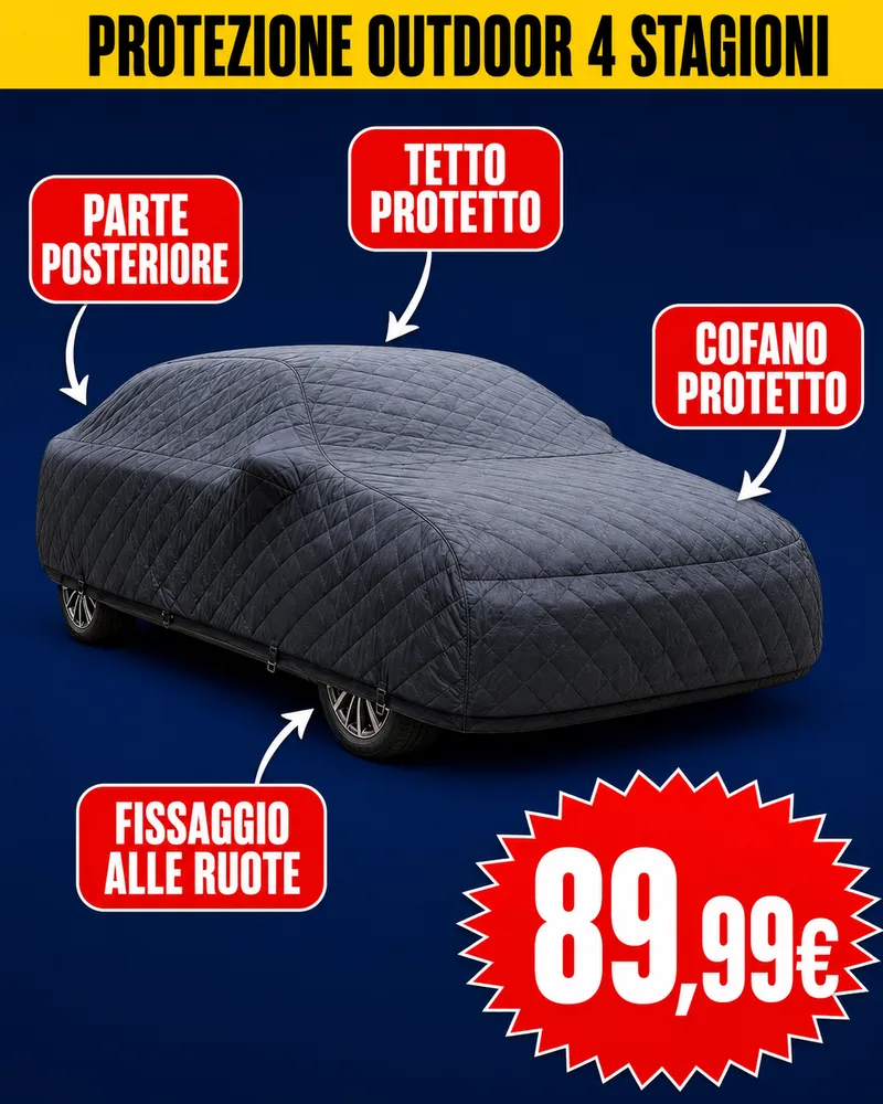 Le zone protette dal telo: cofano, tetto, parte posteriore e fissaggio alle ruote