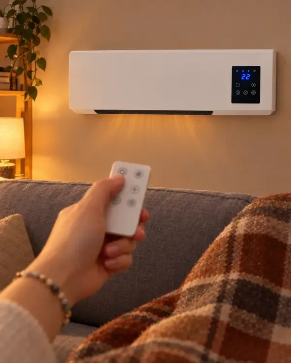 Mano con il telecomando puntato verso il termoconvettore acceso