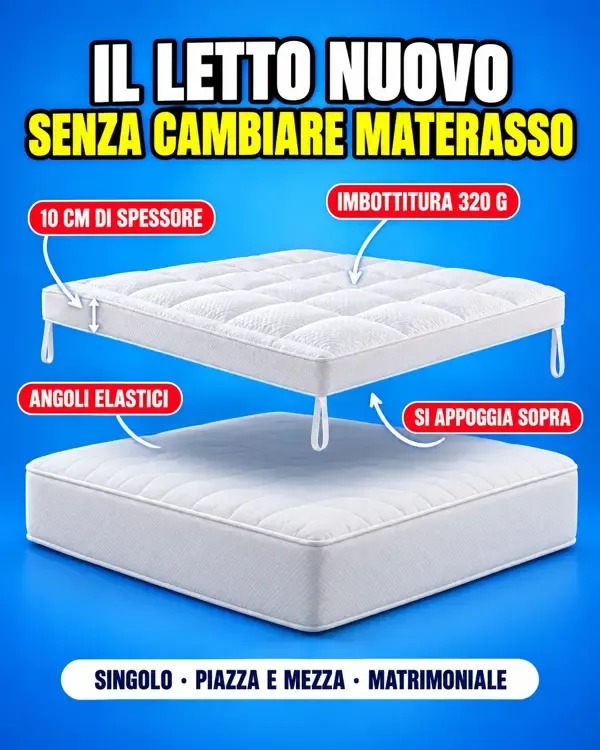 Topper sopra e materasso sotto: 10 cm di spessore, imbottitura 320 g, angoli elastici, 3 misure