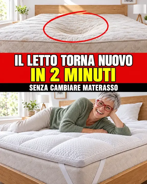 Materasso vecchio con la buca in mezzo e lo stesso letto rifatto con il topper da 10 cm