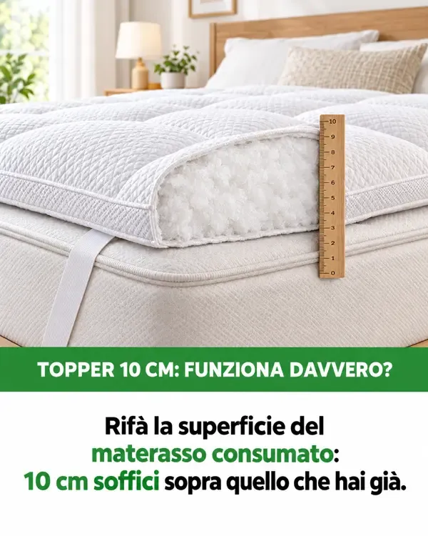 Sezione del topper con righello: 10 cm di imbottitura sopra il materasso consumato