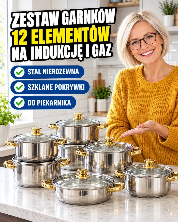 Set di pentole 12 pezzi in acciaio inox con coperchi in vetro e manici dorati