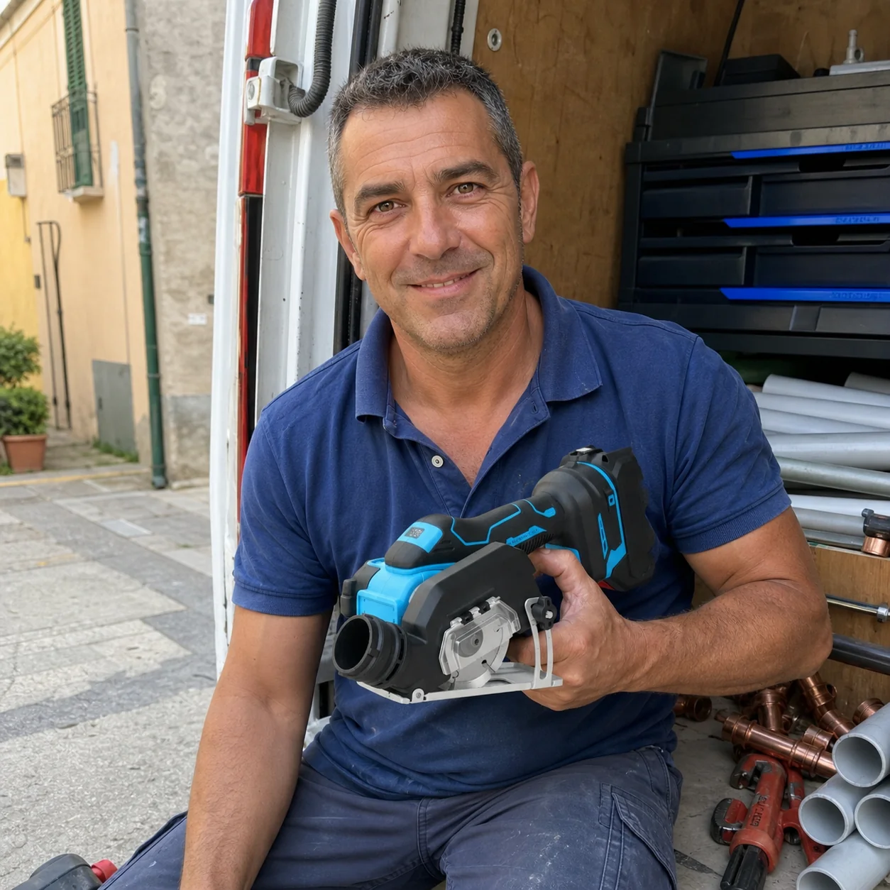 Marco, idraulico di Bergamo, con la sua TagliaFacile nel furgone