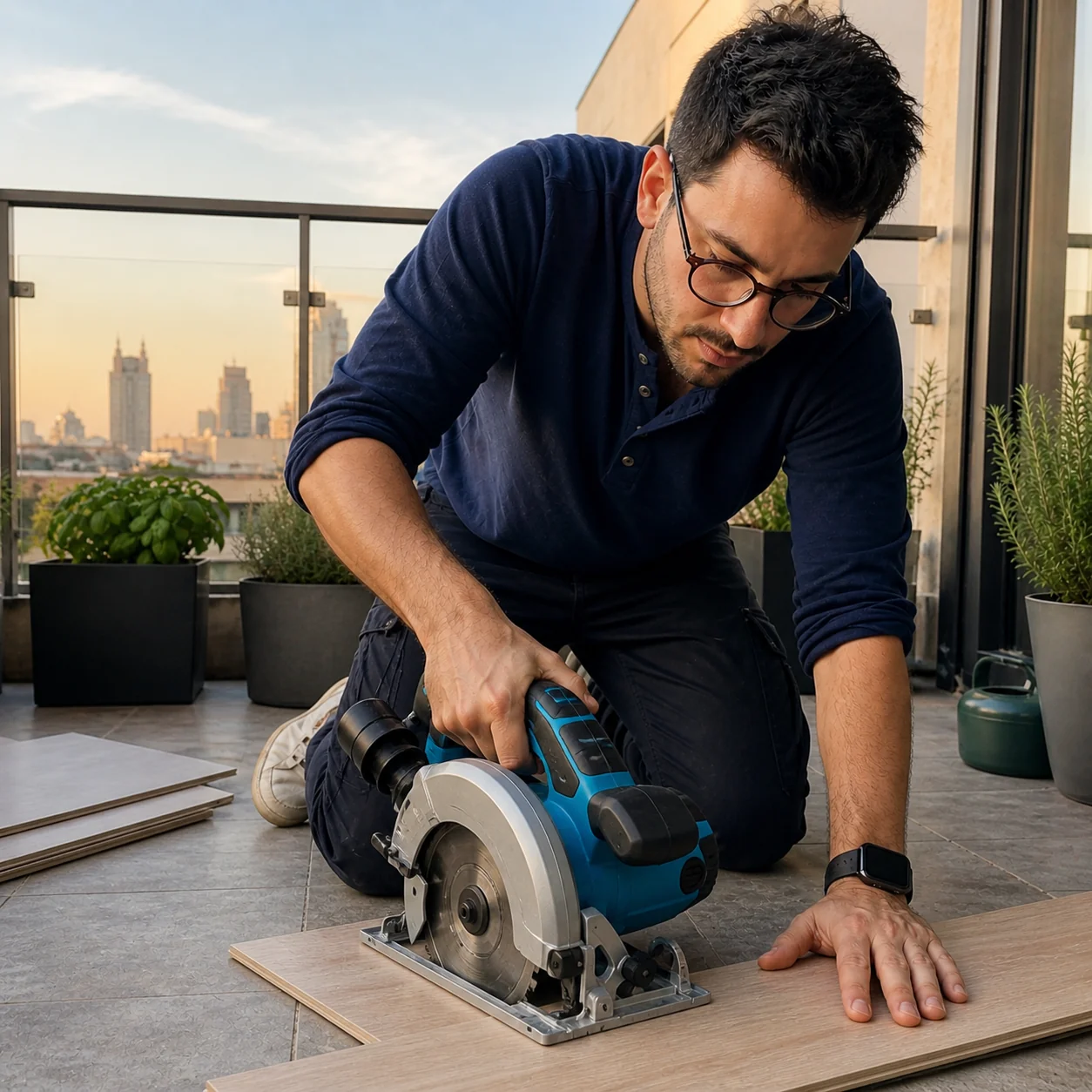 Stefano, da Milano, taglia laminato sul balcone con TagliaFacile