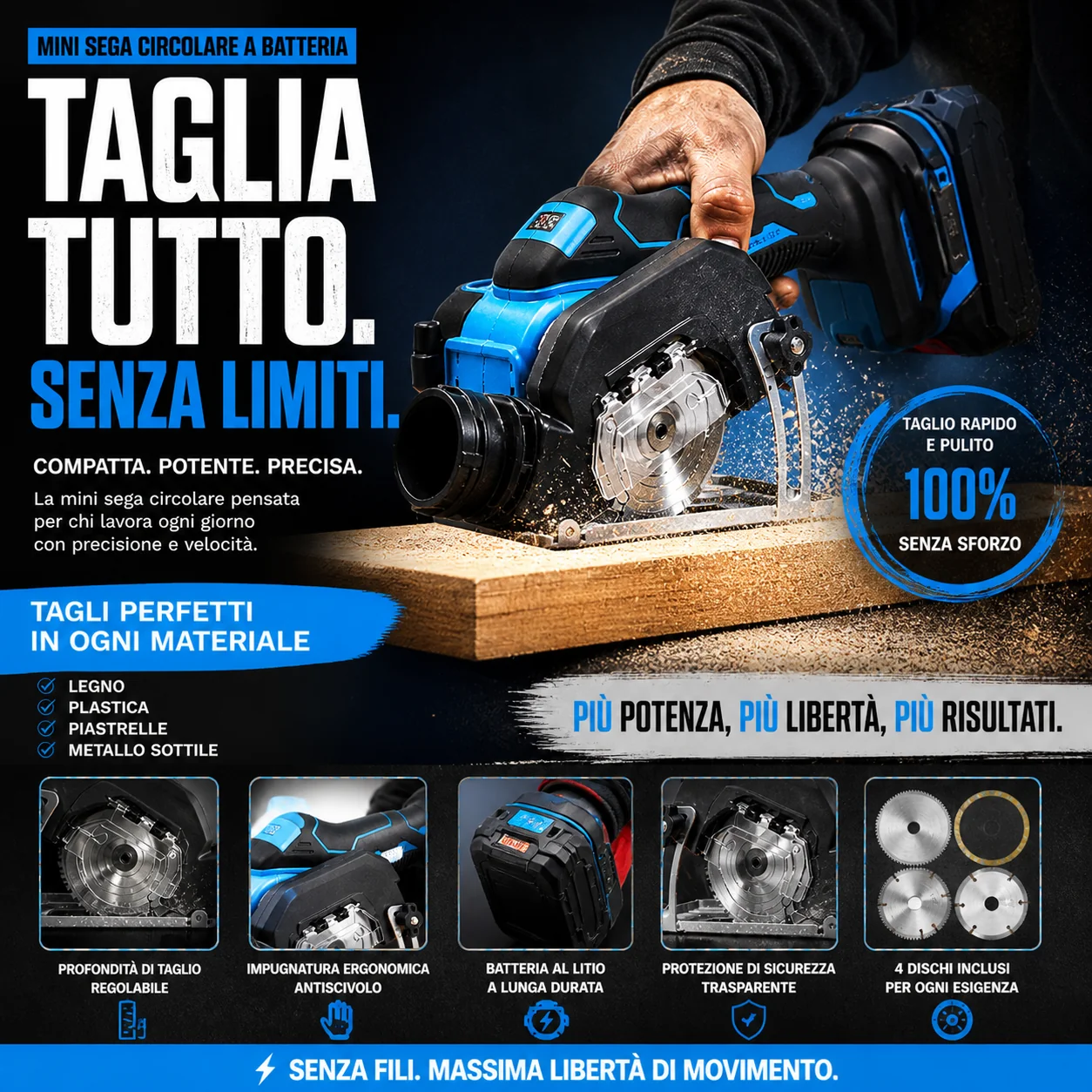 Sega circolare a una mano taglia battiscopa, laminato e cartongesso