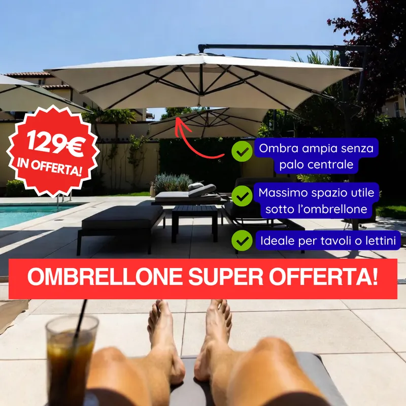 Ombrellone con braccio laterale: ombra ampia senza palo centrale, ideale per tavoli e lettini