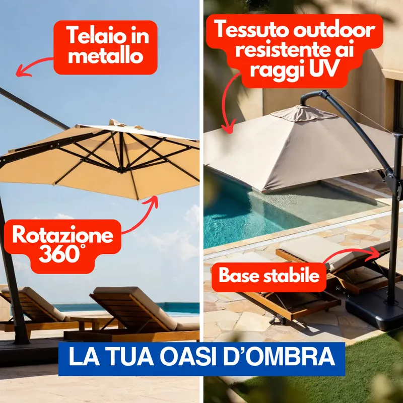 Dettaglio struttura ombrellone: telaio in metallo, tessuto anti-UV, rotazione 360 gradi, base stabile